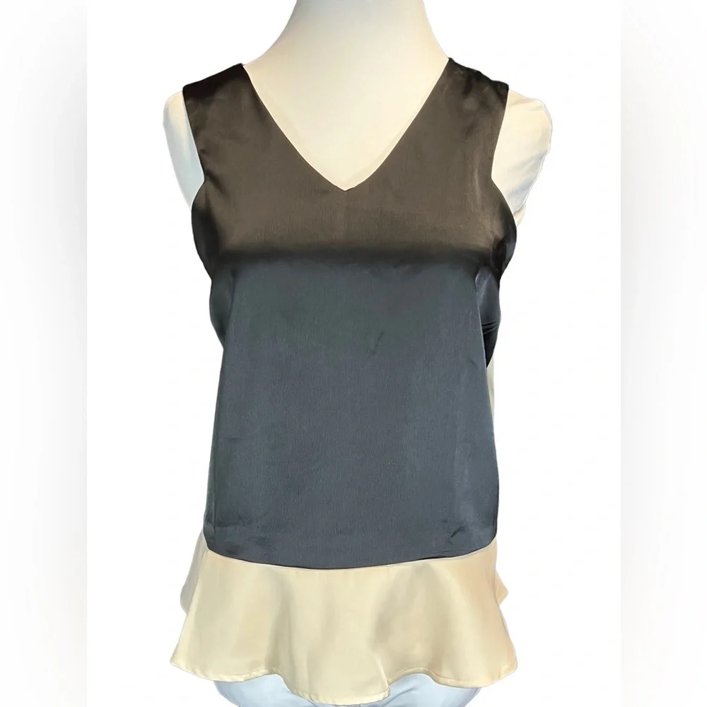 Pleione Vneck Black Satin Tank with Champagne Ruffle - Picture 2 of 6